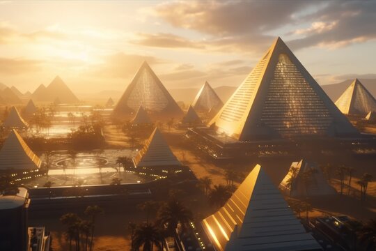 Futuristic ancient egyptian city with huge pyramids and high tech spaceships flying around background generative ai