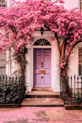 Fototapeta na wymiar A pink door in front of a white house. Aesthetic building. Generative AI
