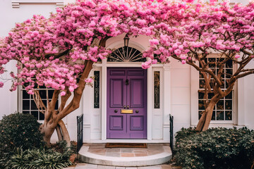 A pink door in front of a white house. Aesthetic building. Generative AI