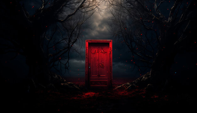 Halloween background with red door in dark forest
