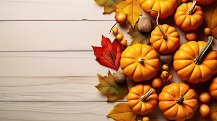 Fototapeta premium Thanksgiving background with pumpkins and autumn leaves