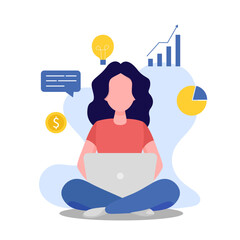 A woman with long wavy hair sitting and working on the computer. Vector illustration in flat style. Isolated on white background.