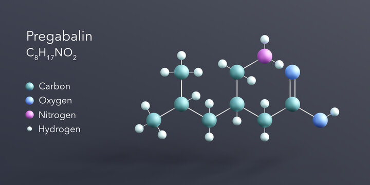 pregabalin molecule 3d rendering, flat molecular structure with chemical formula and atoms color coding