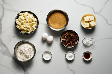 Blondie ingredients on white marble background. White chocolate with sugar and butter, eggs....