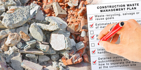 Construction Waste Management Plan - concept with concrete and brick rubble debris on construction...