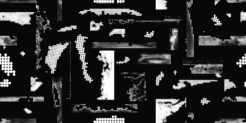 Obraz premium Glitch distorted grungy abstract forms . Blob shape organic seamless pattern texture. Fluid shapes .Grunge textured . Liquid vector shapes with halftone dots .Screen print endless pattern texture