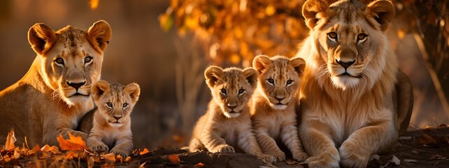 group of animals . Family of lions. Lion, lioness and lion cubs. Banner