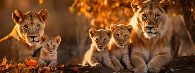 Fototapeten group of animals . Family of lions. Lion, lioness and lion cubs. Banner © A_sm