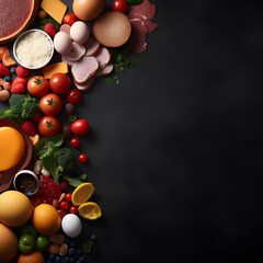 Vibrant food photography showcasing a colorful variety of fruits and vegetables, black background with appropriate space in the frame, AI-generated