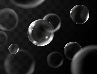 Realistic transparent soap bubbles with reflection. Isolated set composition.