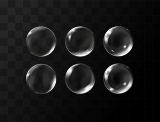 Realistic transparent soap bubbles set with reflection. Isolated set composition. Magic bubble.