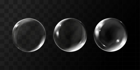 Realistic transparent soap bubbles set with reflection. Isolated set composition. Magic bubble.