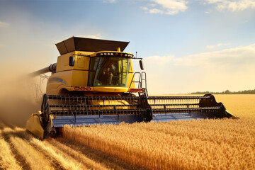 Fototapeta premium Harvester combine working on a field in afternoon, front wide angle view, golden wheat field foreground - agriculture concept. Generative AI