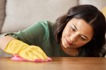 Home, furniture and woman cleaning, cloth and housekeeping with dust, bacteria and hygiene. Female...