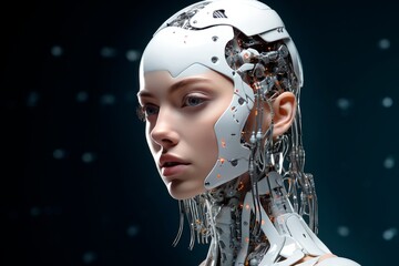Female android robot in profile. Artificial intelligence. AI generated. 