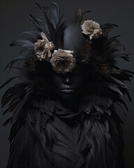 A surreal, beautiful portrait of a person wearing a dark garment adorned with futuristic flowers, radiating an enigmatic beauty