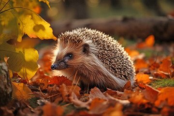 Hedgehog in forest with colorful autumn leaves - obrazy, fototapety, plakaty