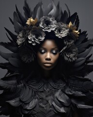 A beautiful, surreal portrait of a woman wearing a futuristic black and gold floral headdress evokes a sense of captivating mystery