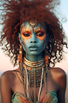 A beautiful and surreal portrait of a woman wearing futuristic clothing and jewelry, her face painted a striking blue, basking in the outdoor sunshine