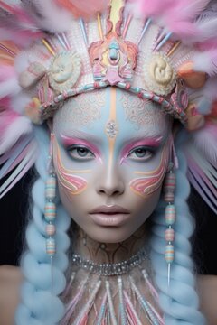 A beautiful and surreal portrait of a woman with a futuristic carnival-style headpiece and colorful face paint, wearing clothing fit for a queen