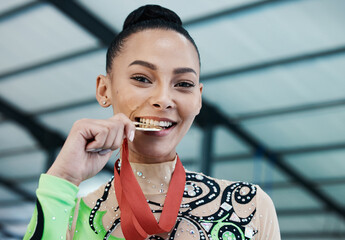 Medal, winner and portrait of woman with success in competition, gymnastics or gold, award and...