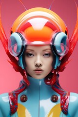 A beautiful, surreal portrait of a futuristic woman wearing headphones and a cartoon-like garment emanates a mysterious sense of adventure