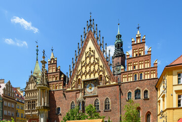 Outdoor exterior sunny view of the facade of Museum of Bourgeois Art
at Wrocław Market Square...