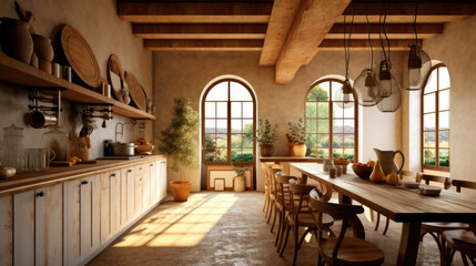 A kitchen-dining room combo with a long table and statement lighting, in the style of farmhouse rustic, warm neutrals, Italian countryside inspiration. Generative AI