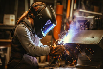Woman in welding helmet working on piece of metal in workshop, sparks flying around - Female welder, workplace gender equality. Generative AI