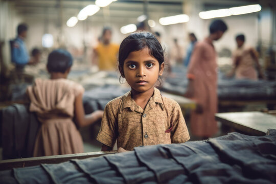Small Indian girl portrait with blurred textile factory background, Illegal child labour in sweatshop manufacturing concept, documentary style. Generative AI