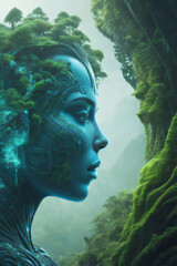 A detailed close-up of a woman's face, depicting the theme of unity between mankind and nature. Created with generative AI tools