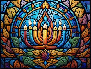 Image featuring a Hanukkah menorah emblem with multi-colored stained glass, appropriate for traditional Chanukah symbol menorah candles lights colorful pattern. Created with generative AI tools