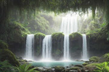 An image featuring a picturesque waterfall cascading into a lake, surrounded by an old, mossy forest landscape. Created with generative AI tools