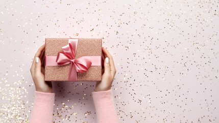 First person top view photo of female hands tying pink ribbon bow on craft paper giftbox