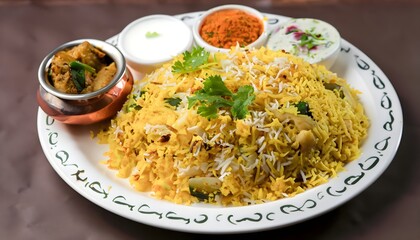A plate of steaming biryani garnished with fresh coriander and served with raita, Generative AI