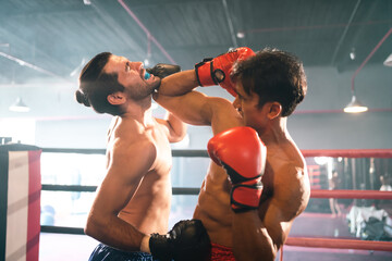 MMA or Thai Boxing match, Two professional fighters punching or boxing, Fit muscular caucasian...