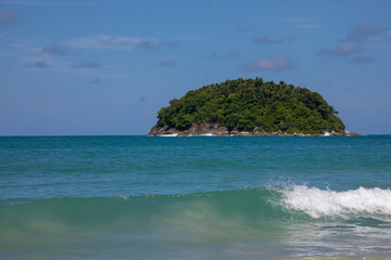 Beautiful beach on a summer day. Blue sky. Sunny day. Yellow sand on the beach.