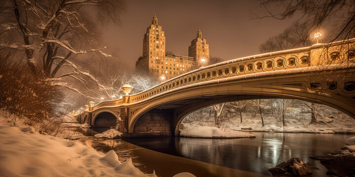 Bow Bridge in winter season, Central Park - NYC - Generative AI