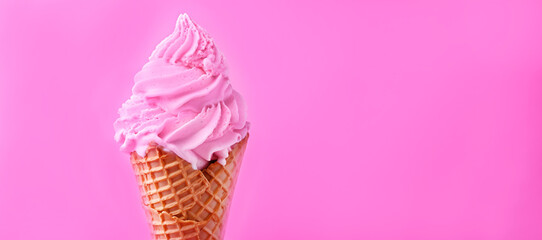 Pink ice cream in a waffle cone on pink background, inspired by trendy color in style of Barbie pink. Generative AI content.
