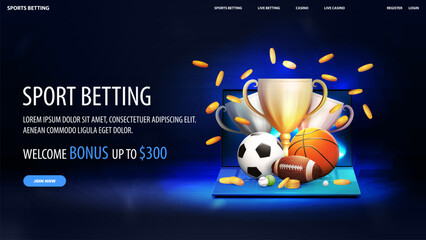 Sport betting, dark and blue banner with offer, laptop, champion cups and sport balls flying up of the screen