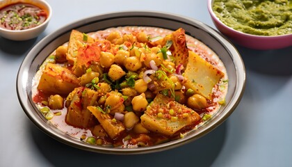 A classic serving of chaat, a tangy and spicy mixture of chickpeas, potatoes, and chutneys, Generative AI