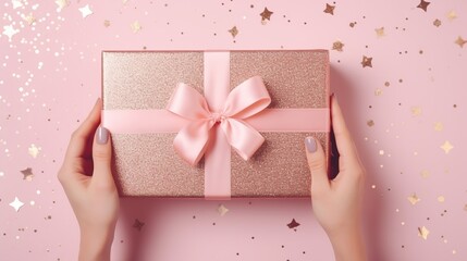 First person top view photo of female hands tying pink ribbon bow on craft paper giftbox