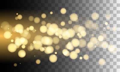 Gold bokeh and stars, sparkles, shimmer on transparent background, festive shiny background, wallpaper, for Christmas and New Year, vector illustration in eps10 format