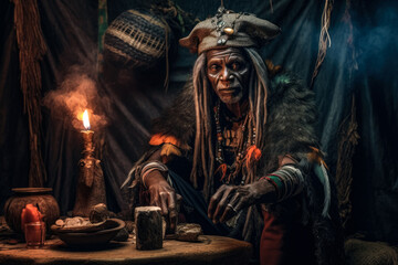 Fototapeta na wymiar African shaman or witch doctor performing ritual in his shrine, mystical dark occult portrait. Generative AI