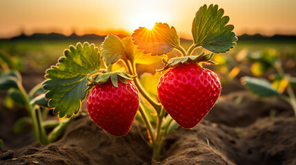 Strawberry growing on the field at sunset, close-up