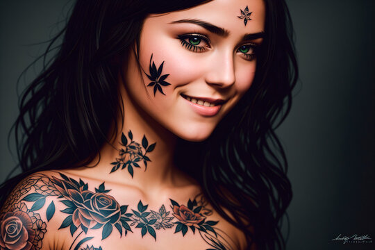 Portrait of a beautiful young woman with tattoo on her body and face. Generative AI.