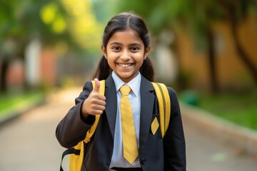 Happy smiling girl with thumb up is going to school