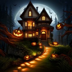 halloween in an old mansion in the forest at night with a full moon, pumpkins and bats, mysterious, magical, high detail, ai generated