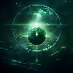 Planet in  futuristic and magical space, black green concept background.