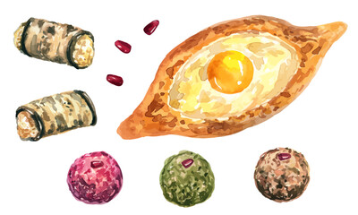 Vector Georgian food. Adjara khachapuri. Eggplant rolls with cheese and garlic. Vegetable balls with pomegranate. Hand drawn watercolor food illustration. Isolated on white background.